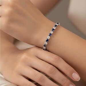 Elegant Clear and Blue Rhinestones Silver Tennis Bracelet